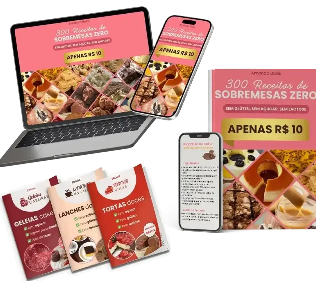E-book 300 Receitas de Sobremesas Zero exibido em notebook, celular e versão impressa