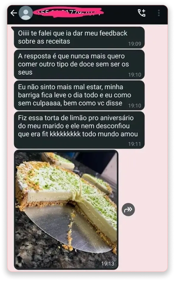 Depoimento de aluna no WhatsApp elogiando as receitas