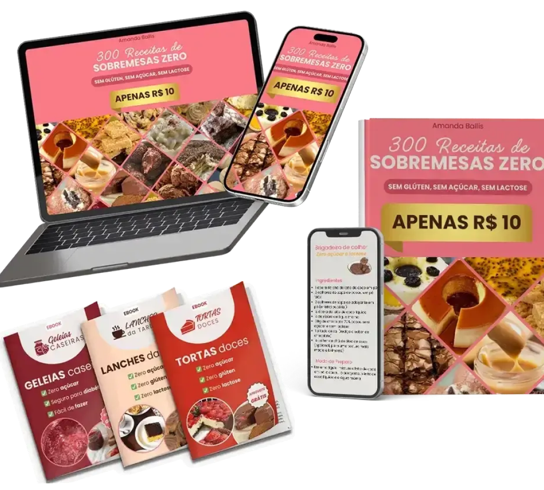 Ebook 300 Receitas de Sobremesas Zero em notebook, celular e livros